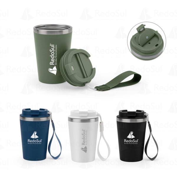 Copo de viagem personalizado em aço inox reciclado com parede dupla 460 ml Copo de viagem personalizado em aço inox reciclado com parede dupla 460 ml